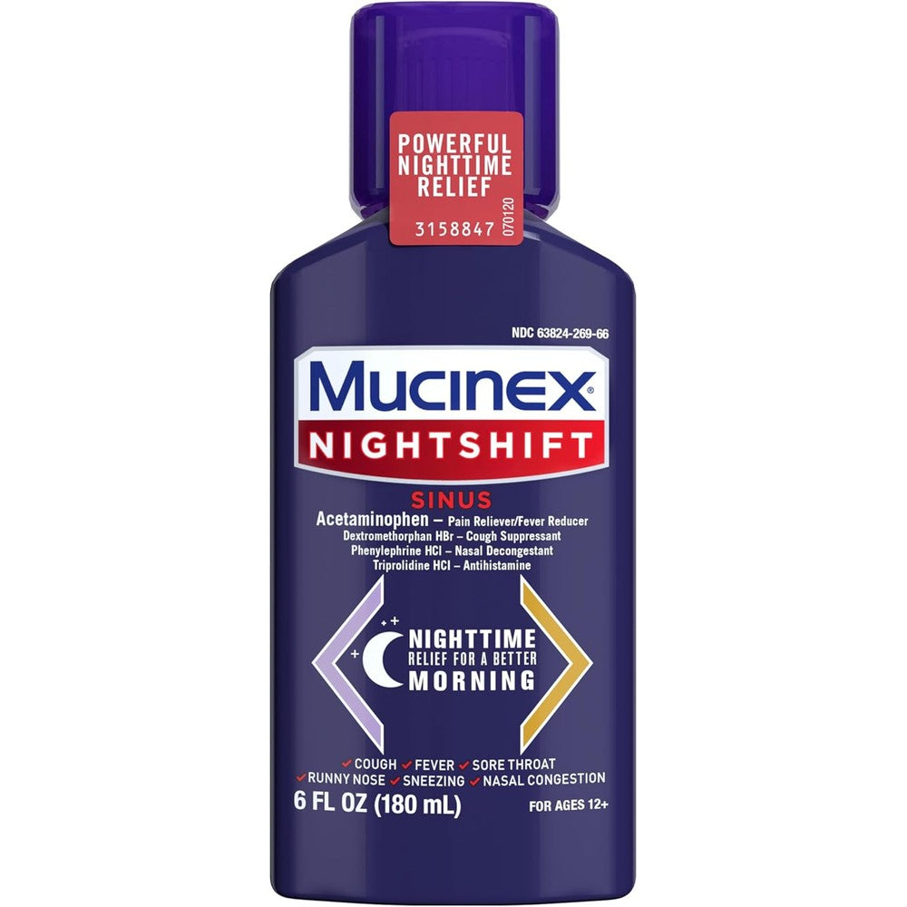 Mucinex Nightshift Sinus liquid 6 fluid ounce bottle front view for adult nighttime cold relief