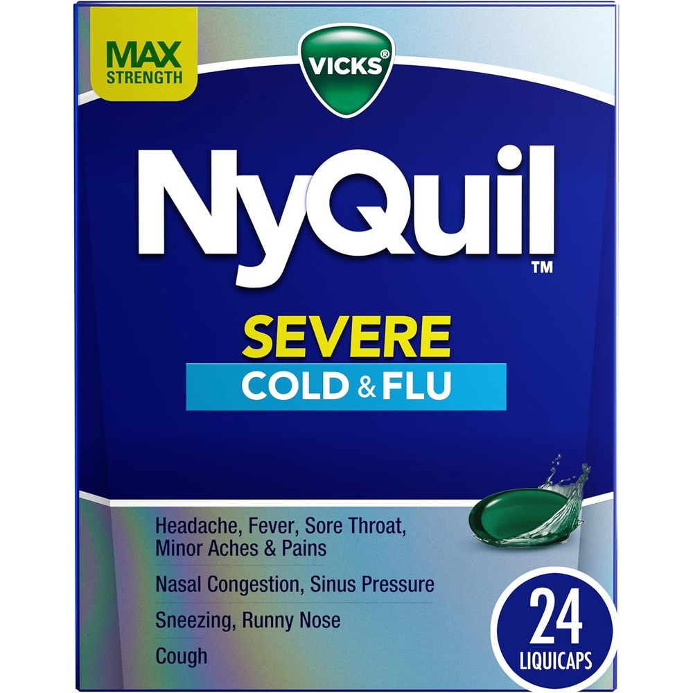 Vicks NyQuil Severe Cold and Flu 24 Liquicaps front packaging view for nighttime relief