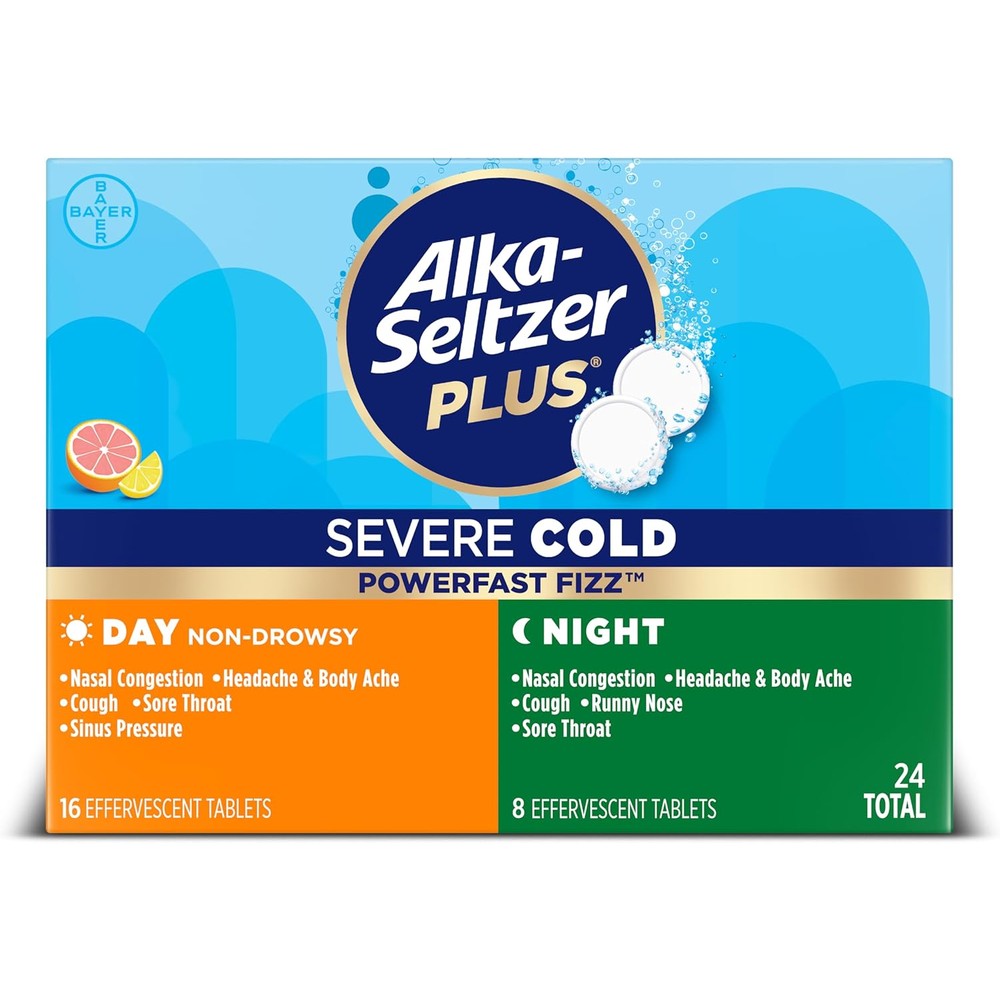 Alka-Seltzer Plus Severe Cold Medicine Day and Night 24 Count box front view for authentic cold relief