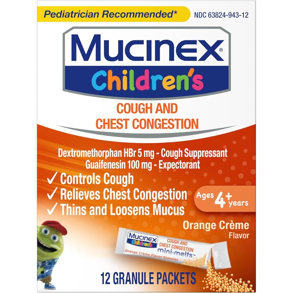 Mucinex Children's Chest Congestion Mini Melts front packaging for kids cough relief