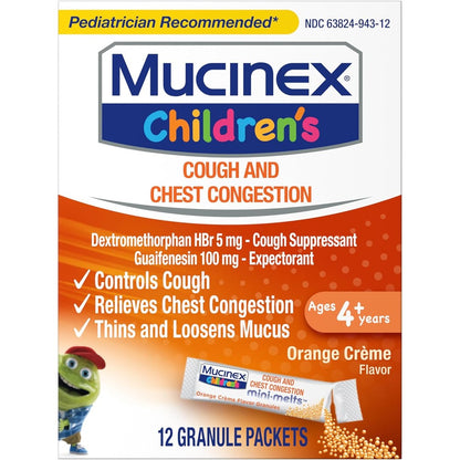 Mucinex Children's Chest Congestion Mini Melts front packaging for kids cough relief