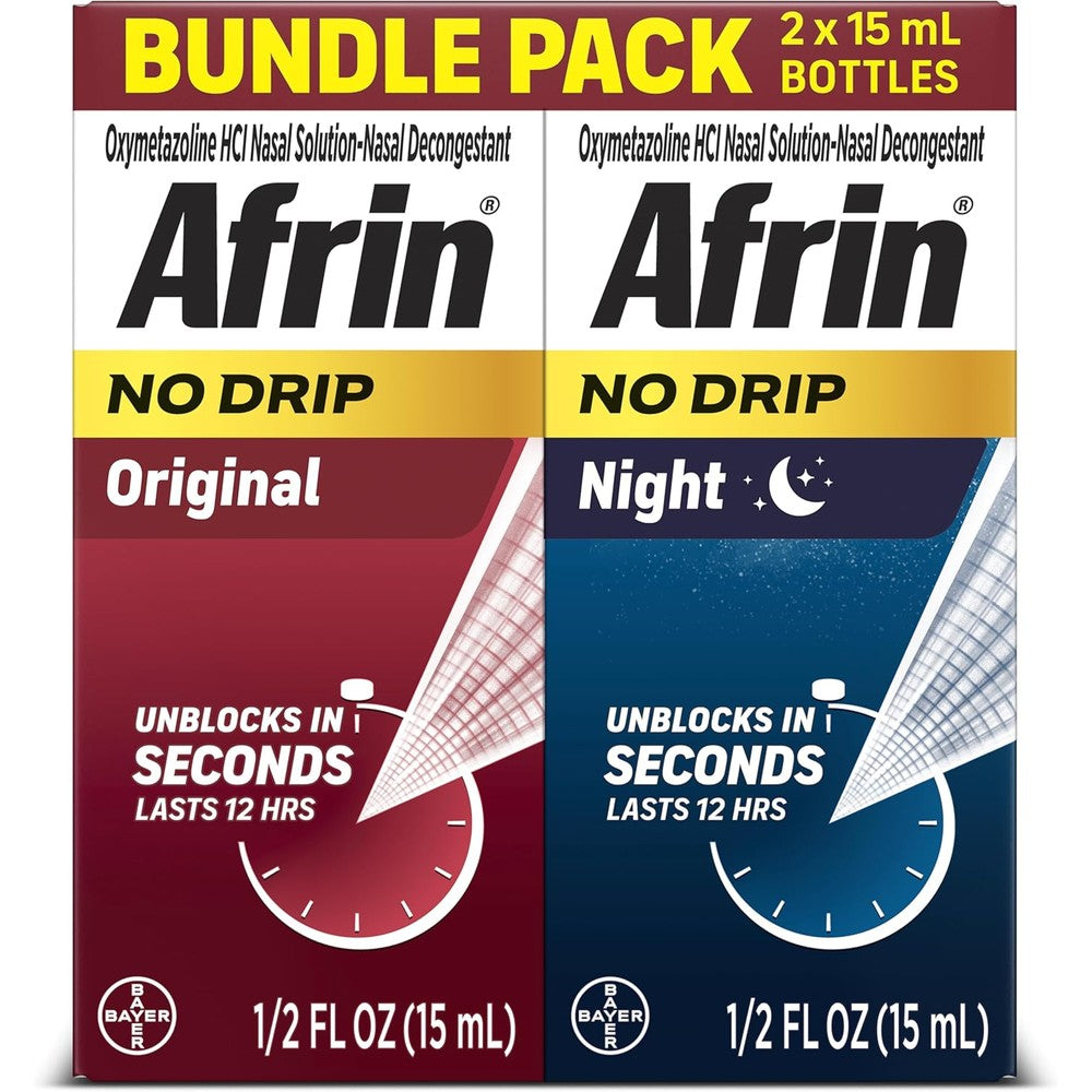 Afrin No Drip Original and Night Nasal Mist Bundle Pack front view showing two bottles for fast acting sinus relief.