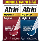 Afrin No Drip Original and Night Nasal Mist Bundle Pack front view showing two bottles for fast acting sinus relief.