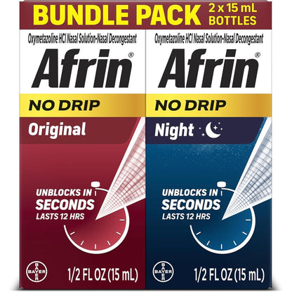 Afrin No Drip Original and Night Nasal Mist Bundle Pack front view showing two bottles for fast acting sinus relief.