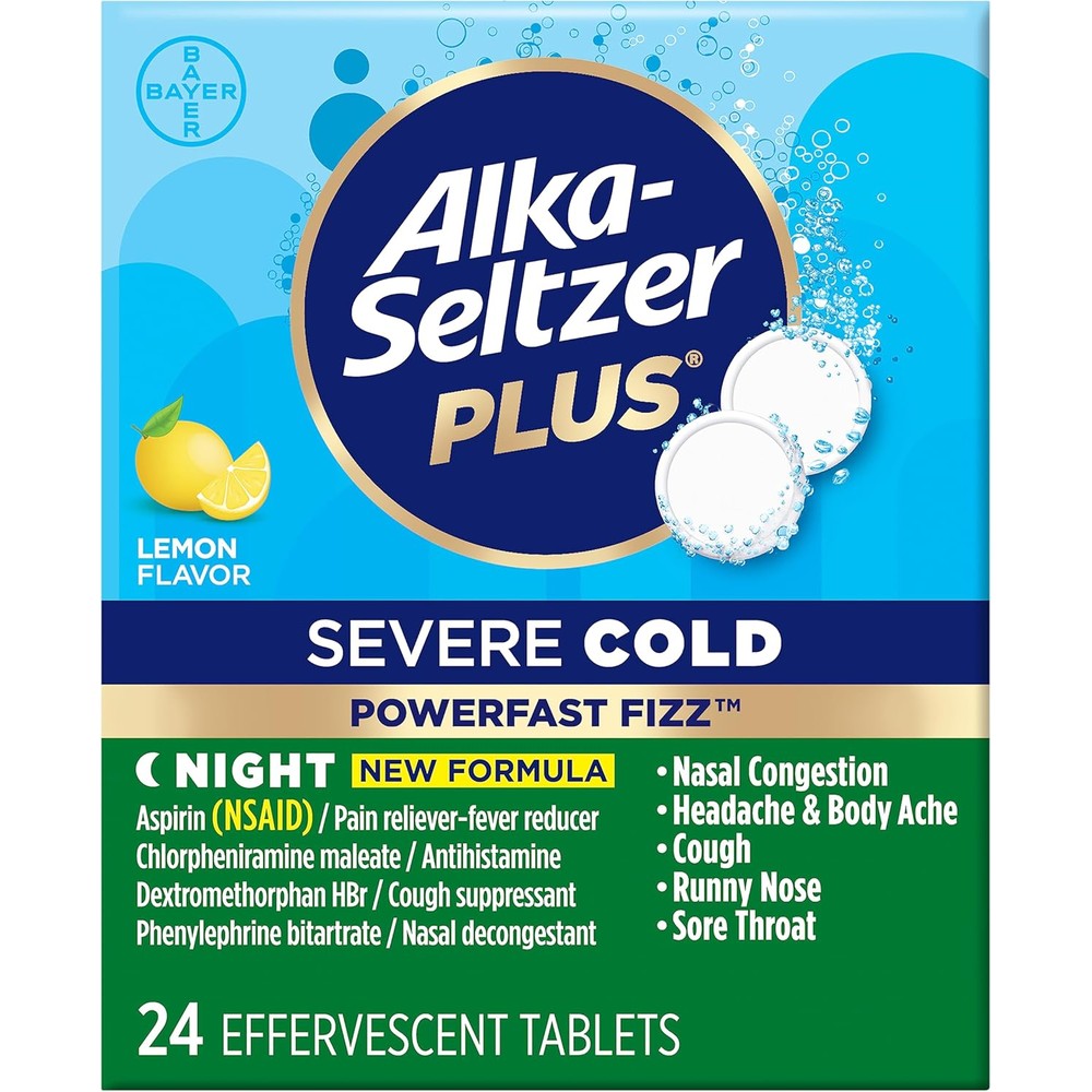 Alka Seltzer Plus Severe Cold PowerFast Fizz Nighttime tablets front packaging