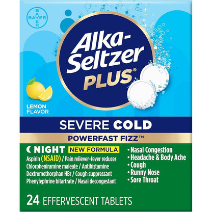 Alka Seltzer Plus Severe Cold PowerFast Fizz Nighttime tablets front packaging