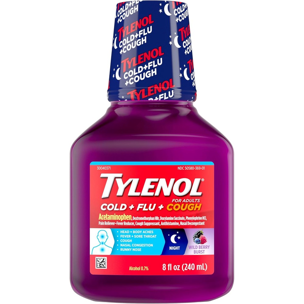 Tylenol Cold and Flu Night Liquid medicine bottle front view for adult congestion relief