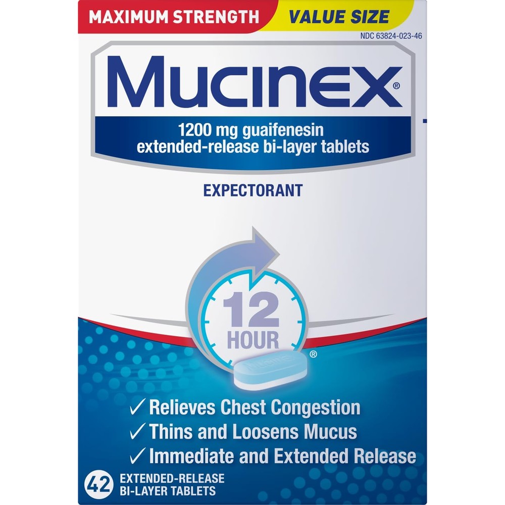 Mucinex 12 Hour Maximum Strength 42 Tablets front packaging for chest congestion relief.