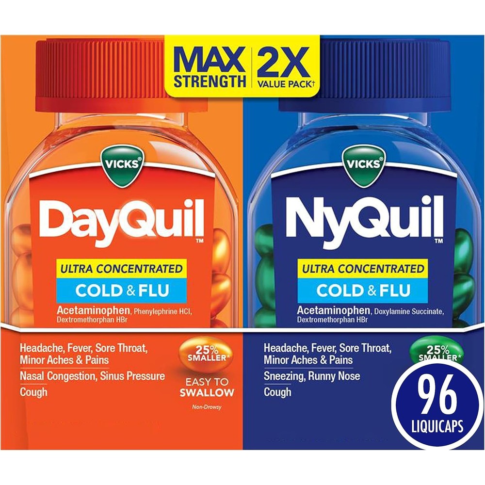 Vicks DayQuil and NyQuil Ultra Concentrated LiquiCaps 96 count package front view showing daytime and nighttime capsules.