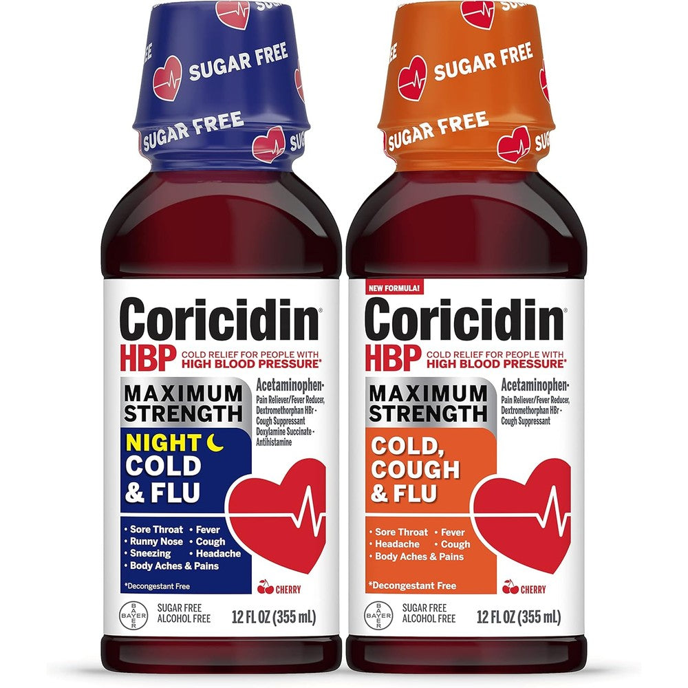Coricidin HBP Maximum Strength Cold and Flu Day and Night Liquid Twinpack front packaging view for blood pressure safe cold relief