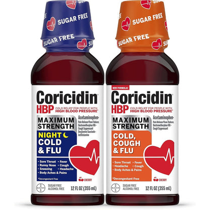Coricidin HBP Maximum Strength Cold and Flu Day and Night Liquid Twinpack front packaging view for blood pressure safe cold relief