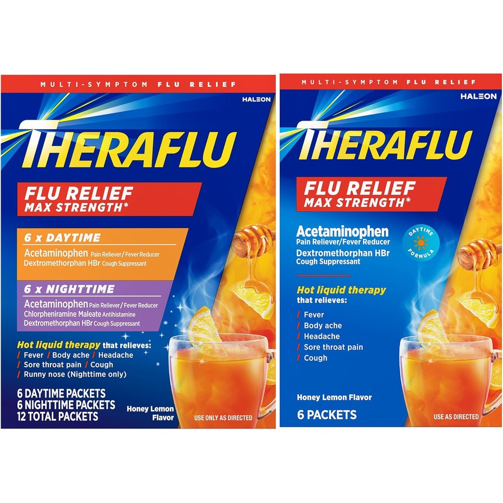 Theraflu Max Strength daytime and nighttime powder packets front packaging view for flu symptom relief.