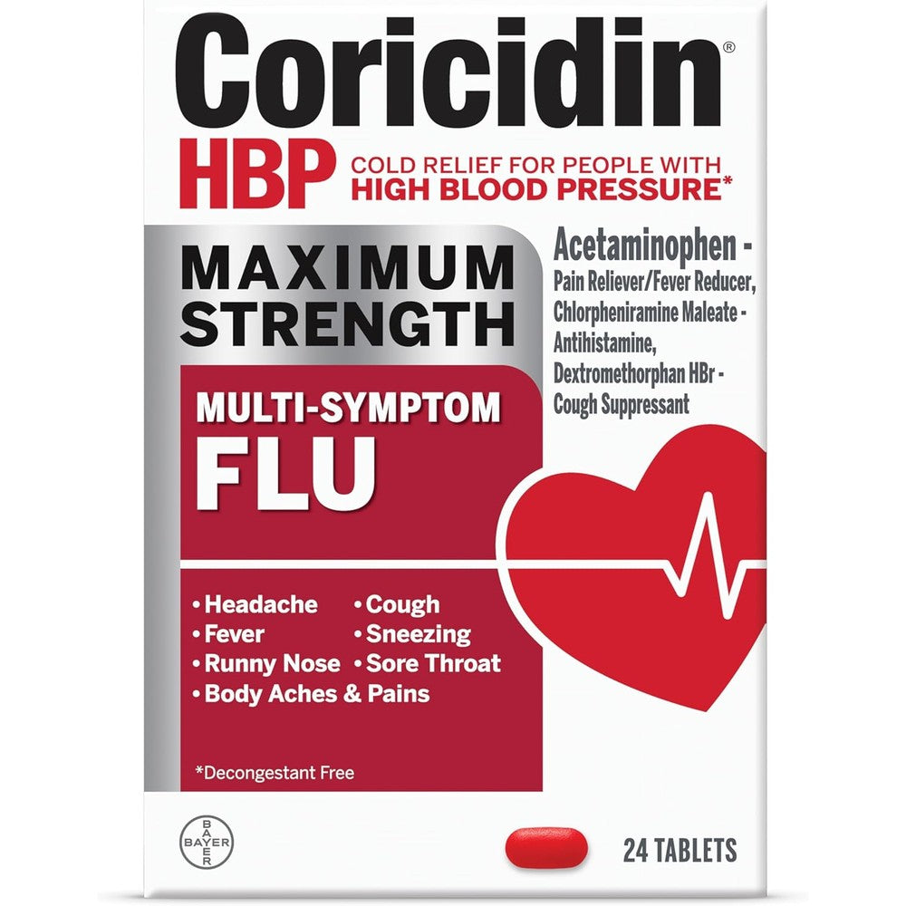 Coricidin HBP Maximum Strength Multi Symptom Flu Tablets 24 Count front packaging for adult cold relief