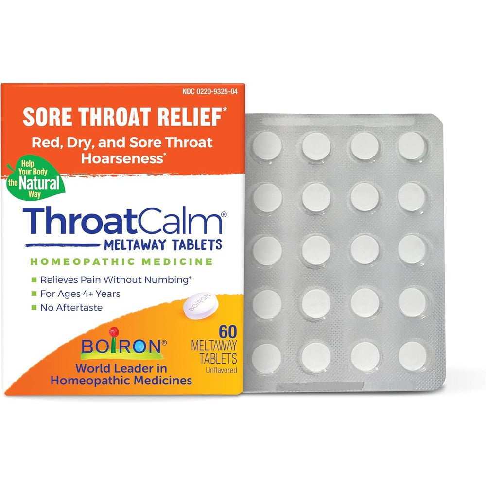Boiron ThroatCalm 60 meltaway tablets front packaging box for sore throat pain relief