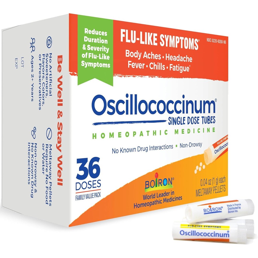 Boiron Oscillococcinum 36 count box front view showing authentic imported homeopathic medicine packaging.