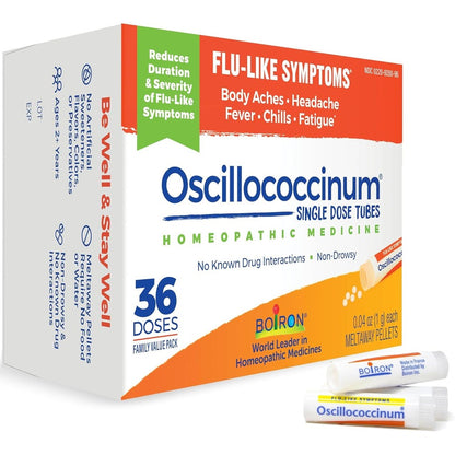 Boiron Oscillococcinum 36 count box front view showing authentic imported homeopathic medicine packaging.
