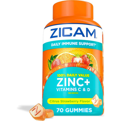Zicam Daily Immune Support 70 count front view bottle showing citrus strawberry flavor for adult wellness