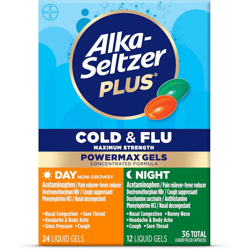 Alka-Seltzer Plus Power Max Cold and Flu Day and Night medicine front packaging view