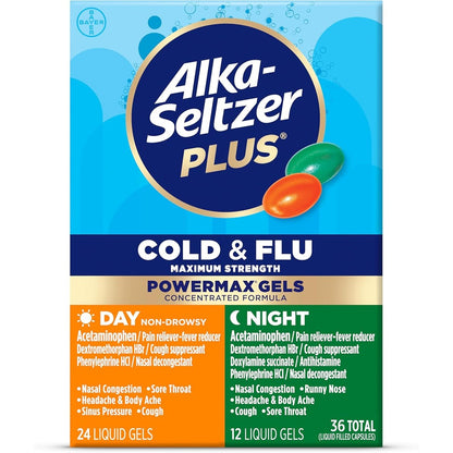 Alka-Seltzer Plus Power Max Cold and Flu Day and Night medicine front packaging view