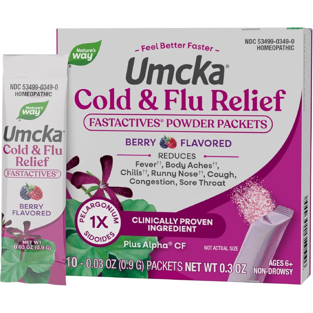 Nature's Way Umcka Cold and Flu Relief FastActives 10 Packets front packaging showing berry flavor