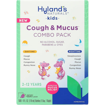 Hyland's Kids Cough Syrup and Mucus Relief Combo Pack front view package showing day and night bottles