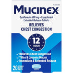 Mucinex Chest Congestion 12 Hour Expectorant tablets front packaging for mucus relief