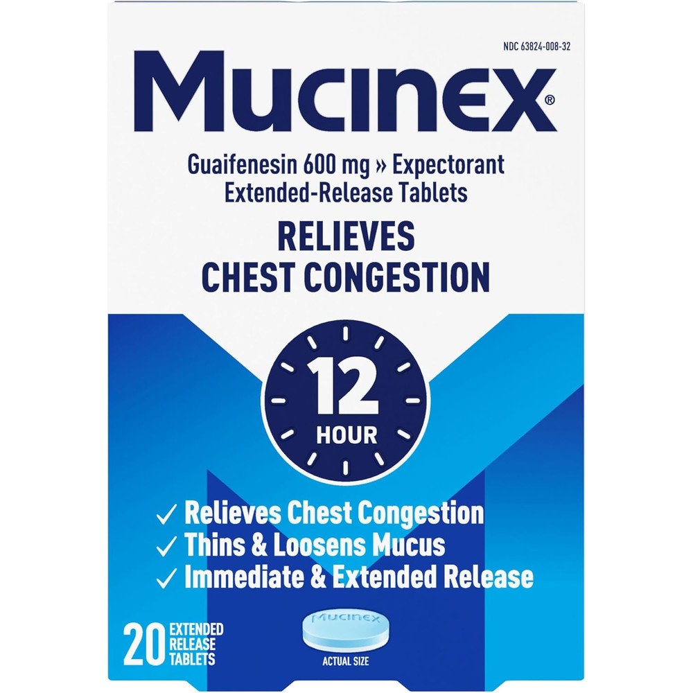 Mucinex Chest Congestion 12 Hour Expectorant tablets front packaging for mucus relief