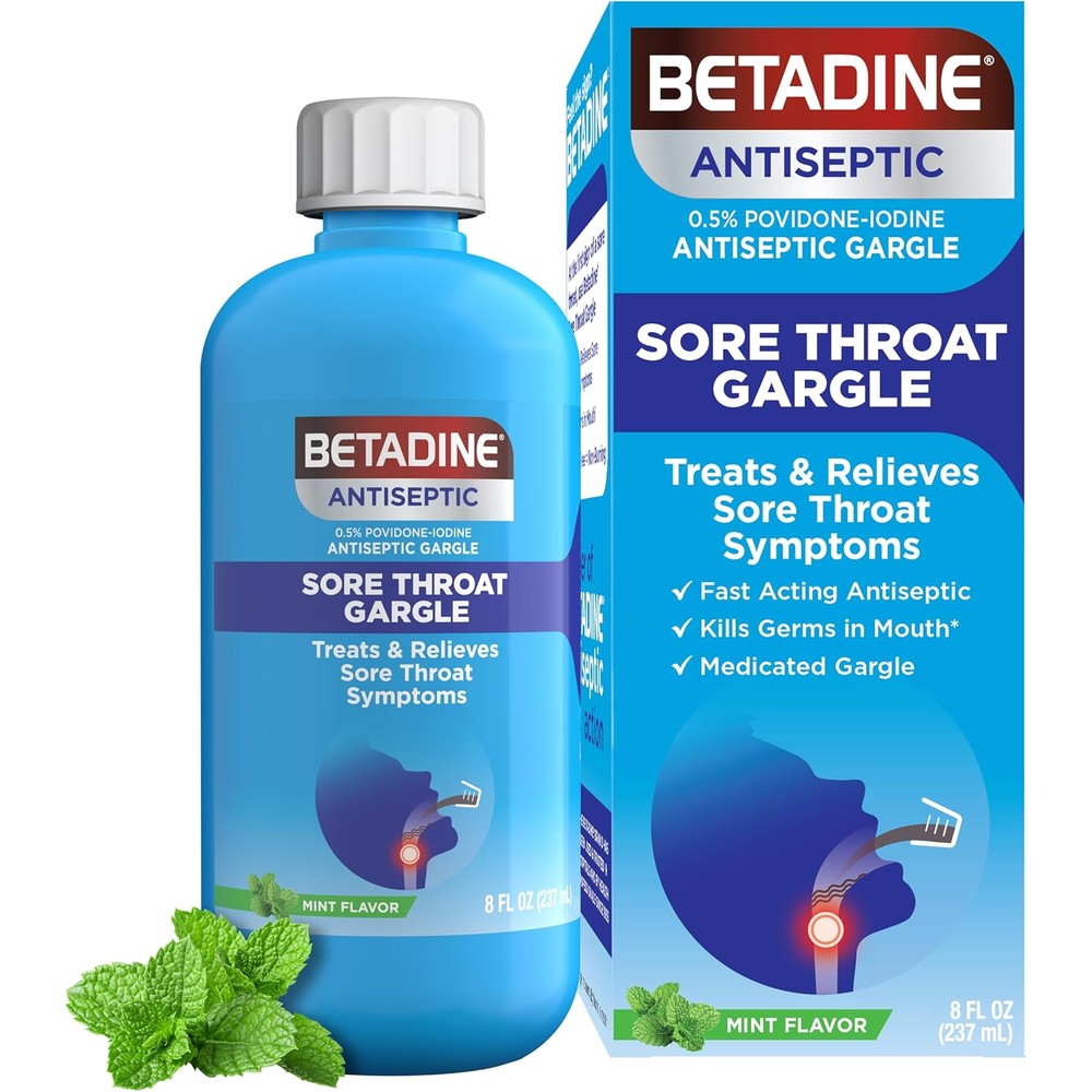 Betadine Antiseptic Medicated Gargle front view bottle for sore throat relief