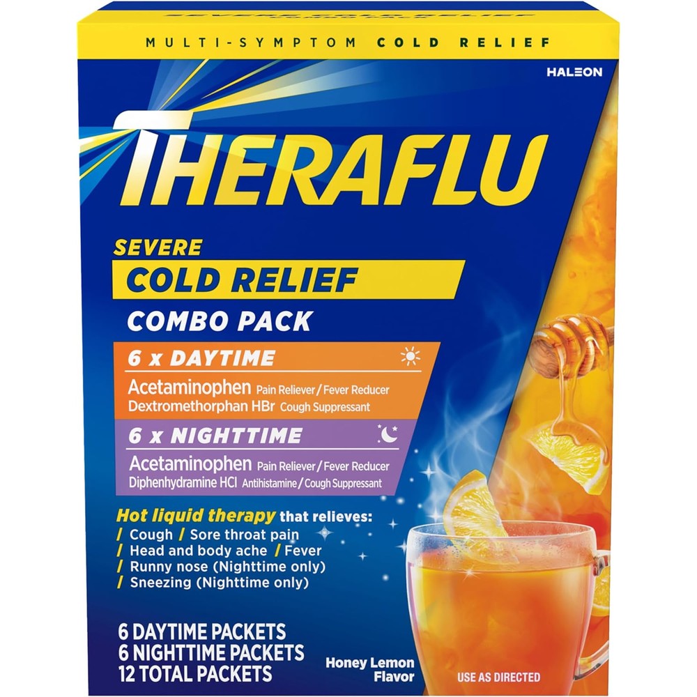 Theraflu Combo Daytime and Nighttime Severe Cold Relief Powder box front view showcasing authentic USA imported packaging