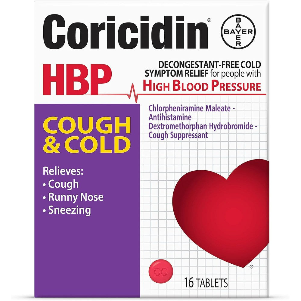 Coricidin HBP decongestant free cough and cold medicine front view pack of 16 tablets