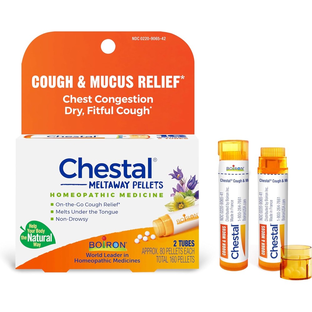Boiron Chestal Pellets pack front view showing non-drowsy cough relief labels
