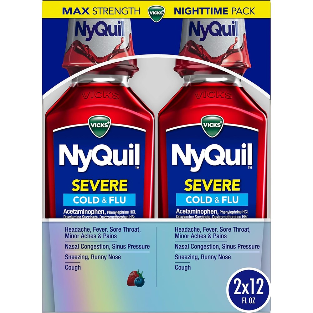 Vicks NyQuil SEVERE Cold and Flu Nighttime Relief Liquid twin pack front view for maximum strength symptom relief