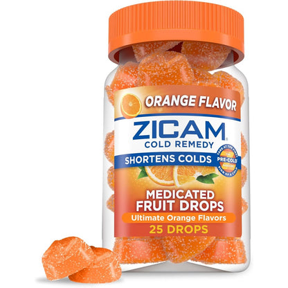 Zicam Cold Remedy Zinc Medicated Fruit Drops Ultimate Orange 25 Count front view bottle