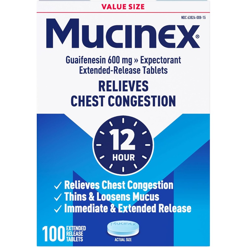 Mucinex 12 Hour 600 mg Guaifenesin 100 Tablets front view for chest congestion relief