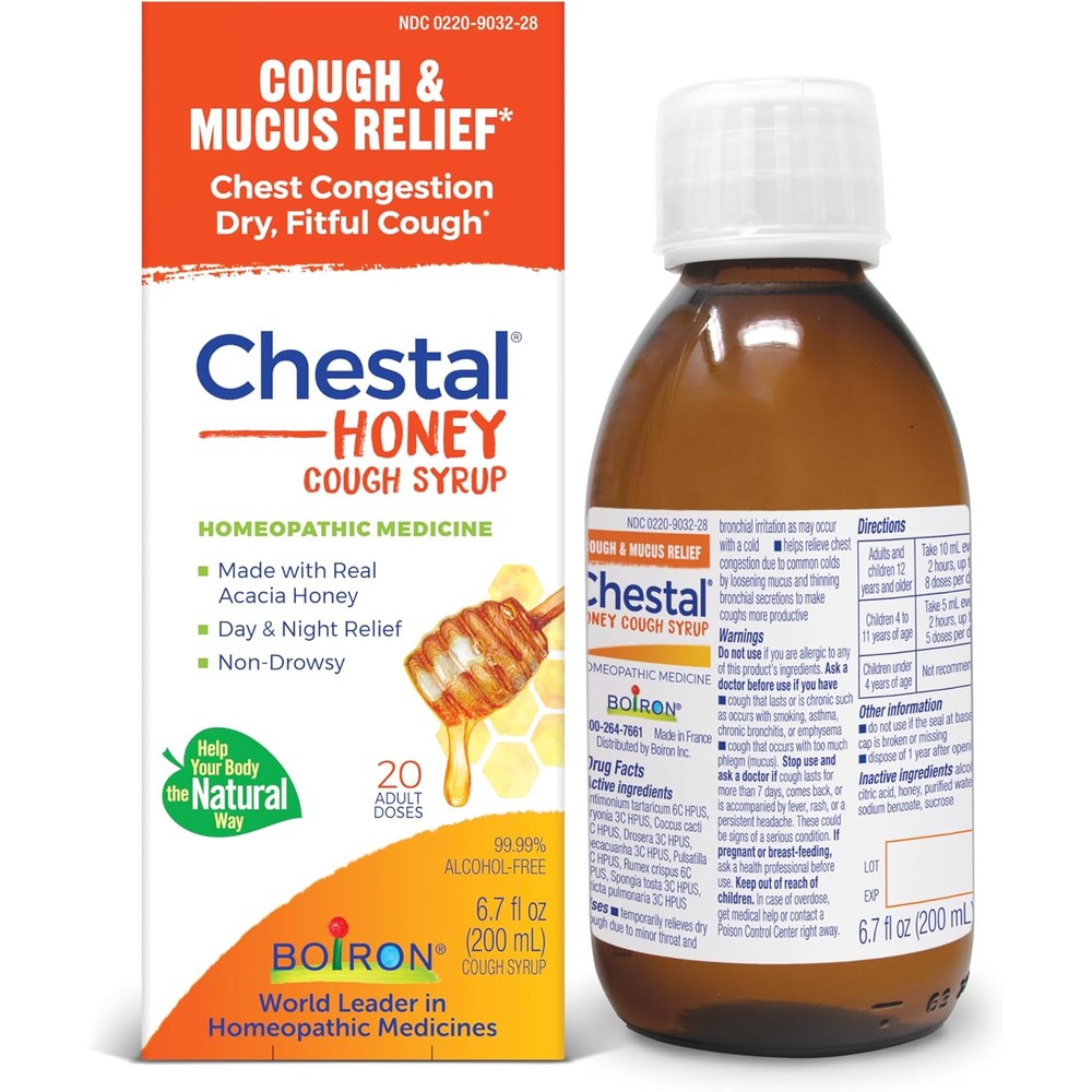 Boiron Chestal Honey Adult Cold and Cough Syrup front packaging bottle