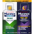 Mucinex FastMax DM Max and Nightshift combo pack bottles front view for cold relief.