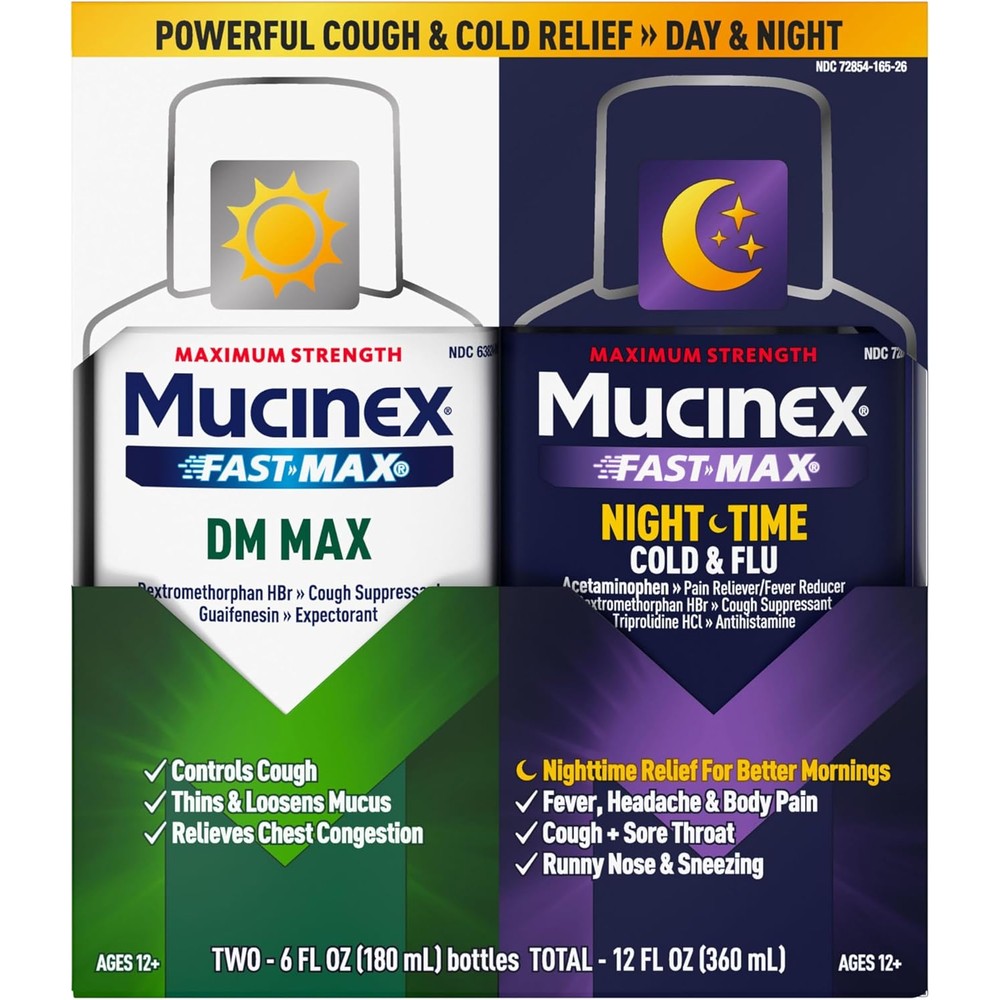Mucinex FastMax DM Max and Nightshift combo pack bottles front view for cold relief.