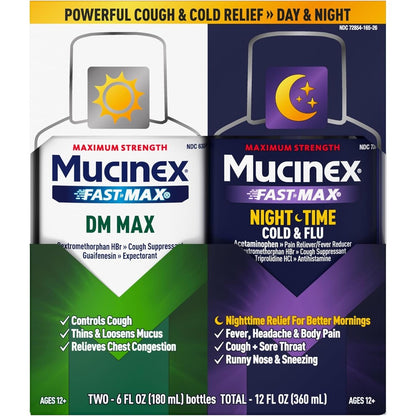 Mucinex FastMax DM Max and Nightshift combo pack bottles front view for cold relief.