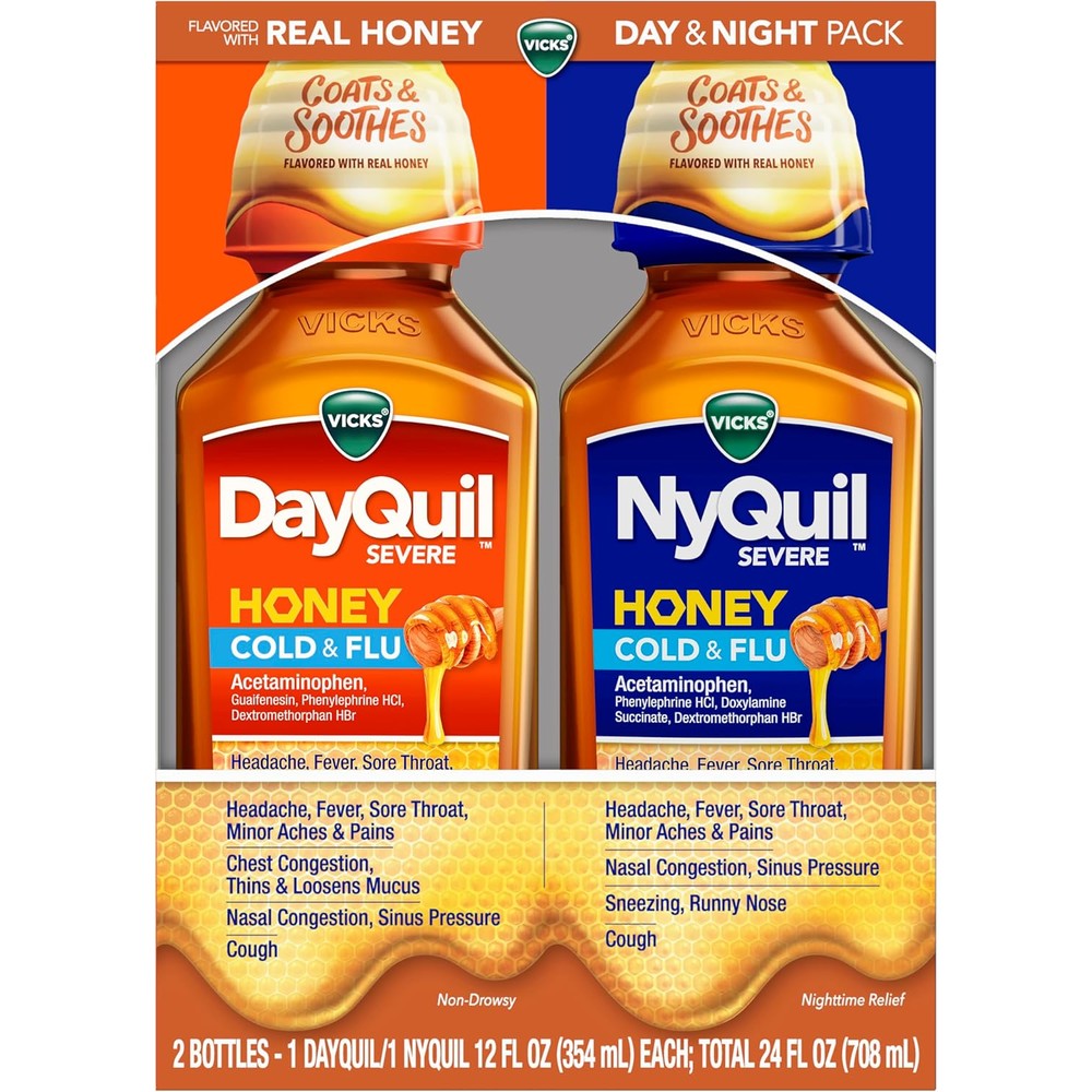 Vicks DayQuil and NyQuil Severe Honey Flavor Co-Pack liquid cold medicine front view