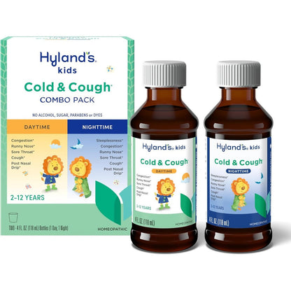 Hyland's Kids Cold and Cough Day and Night Combo Pack front view showing daytime and nighttime bottles for natural children's cold relief.