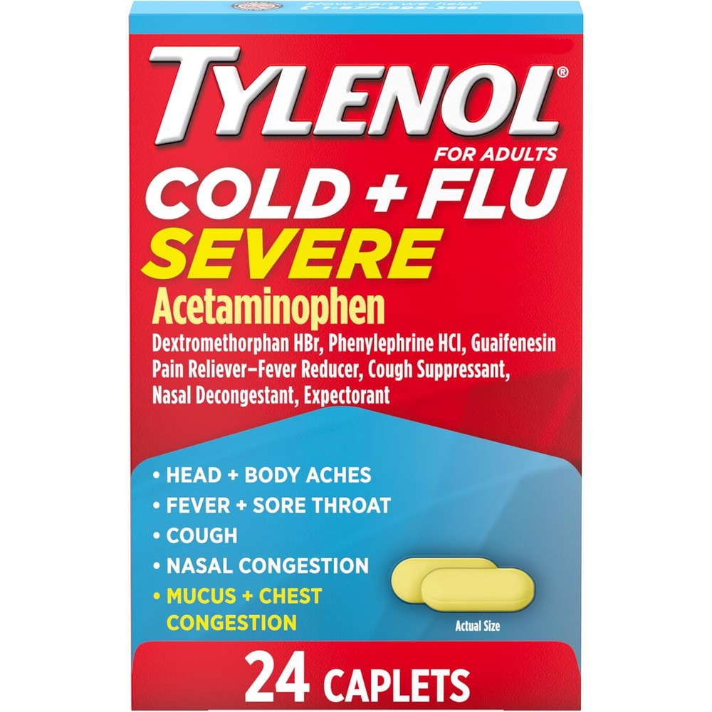 Tylenol Cold Plus Flu Severe medicine caplets front packaging for multi symptom cold relief