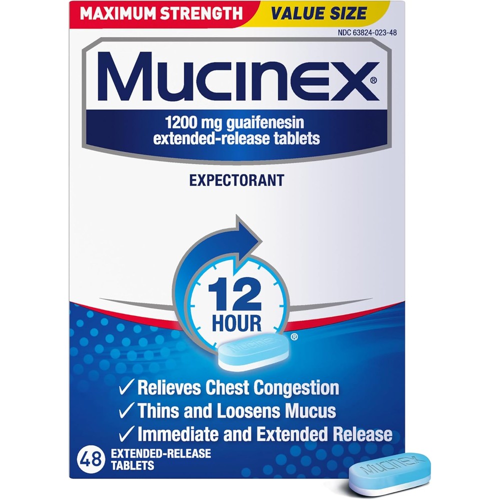 Mucinex 12 Hour Maximum Strength 1200 mg 48 Tablets front packaging for chest congestion relief