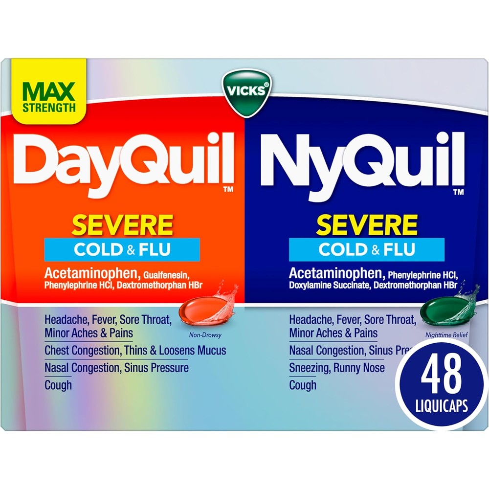 Vicks DayQuil and NyQuil Severe combo pack front view for maximum strength cold relief.