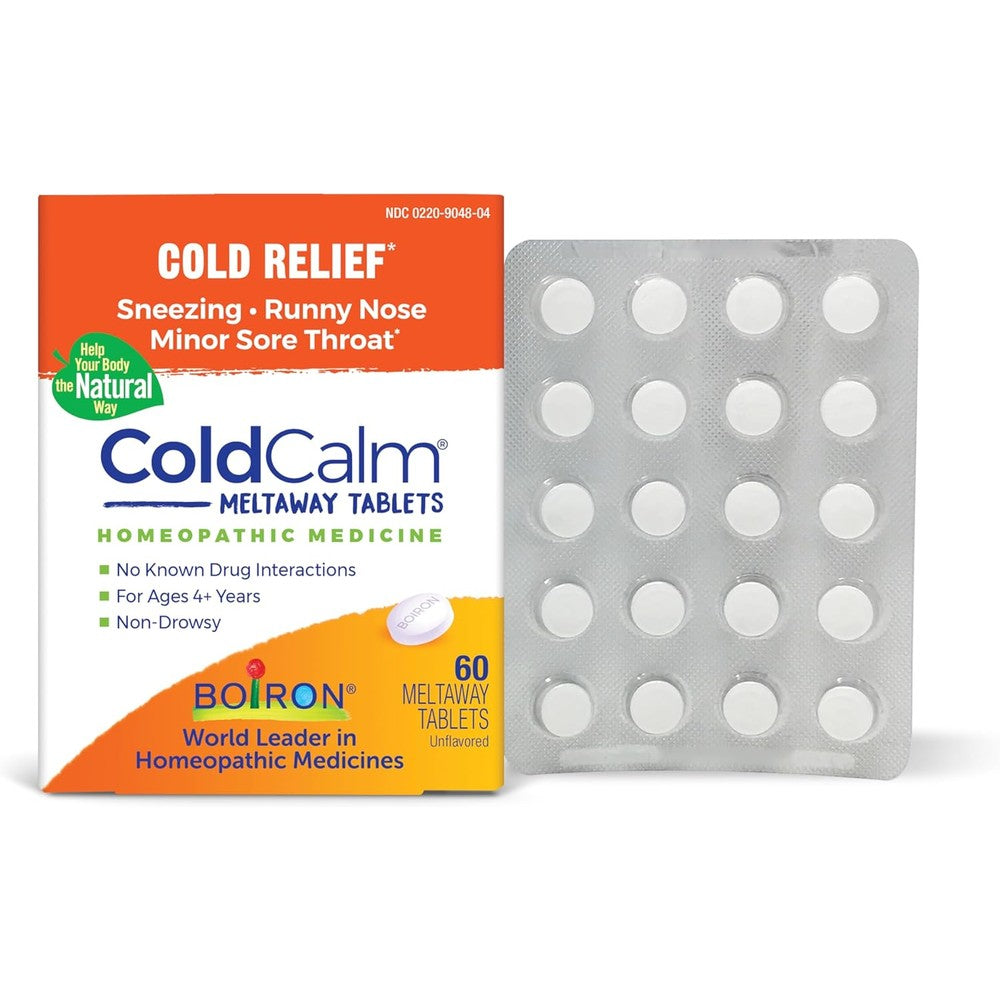 Boiron ColdCalm 60 Count packaging front view showing homeopathic cold relief benefits.