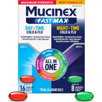 Mucinex Fast-Max Maximum Strength Day and Night liquid gels front packaging view for cold and flu multi-symptom relief.