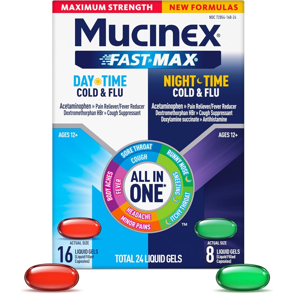 Mucinex Fast-Max Maximum Strength Day and Night liquid gels front packaging view for cold and flu multi-symptom relief.