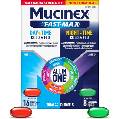 Mucinex Fast-Max Maximum Strength Day and Night liquid gels front packaging view for cold and flu multi-symptom relief.