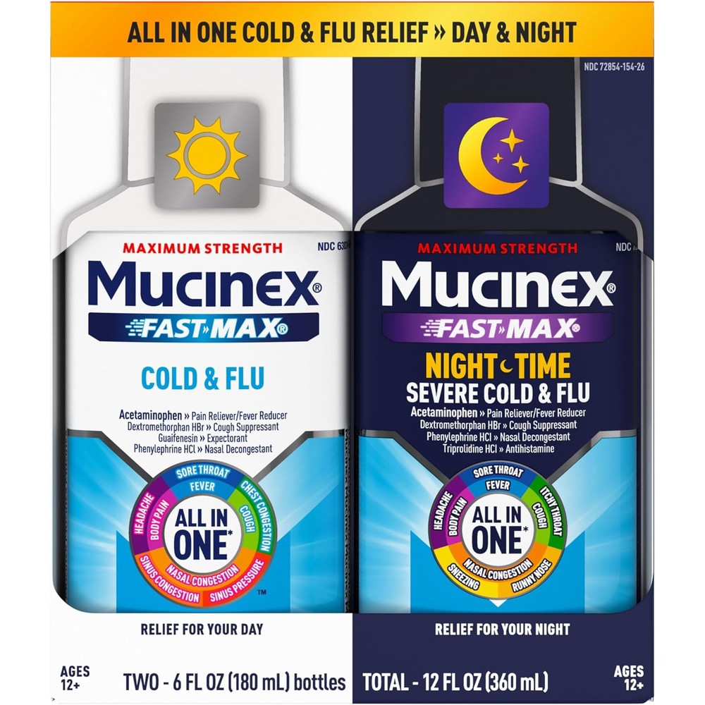 Mucinex Fast Max Day and Night liquid medicine combo pack front view on white background