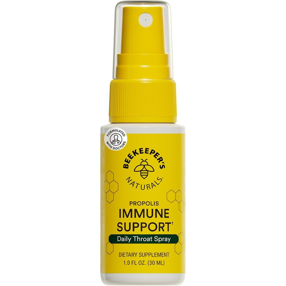 Beekeeper's Naturals Propolis Throat Spray front view of the daily immune support bottle.