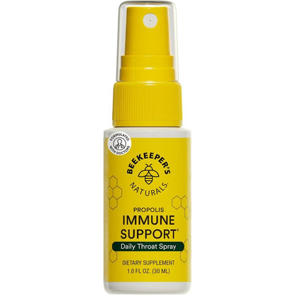 Beekeeper's Naturals Propolis Throat Spray front view of the daily immune support bottle.